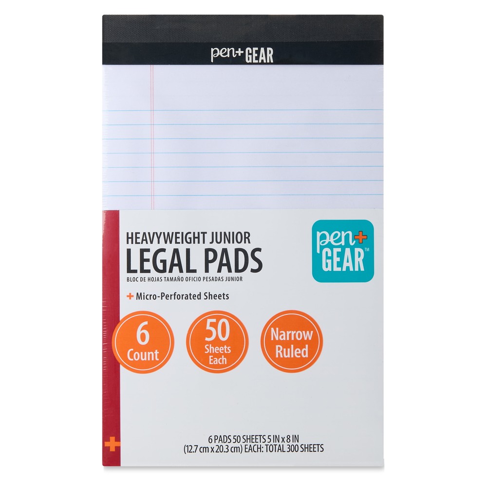 Pen+Gear Heavyweight Narrow Ruled Junior Legal Pads 6-Pack 50 Sheets Each