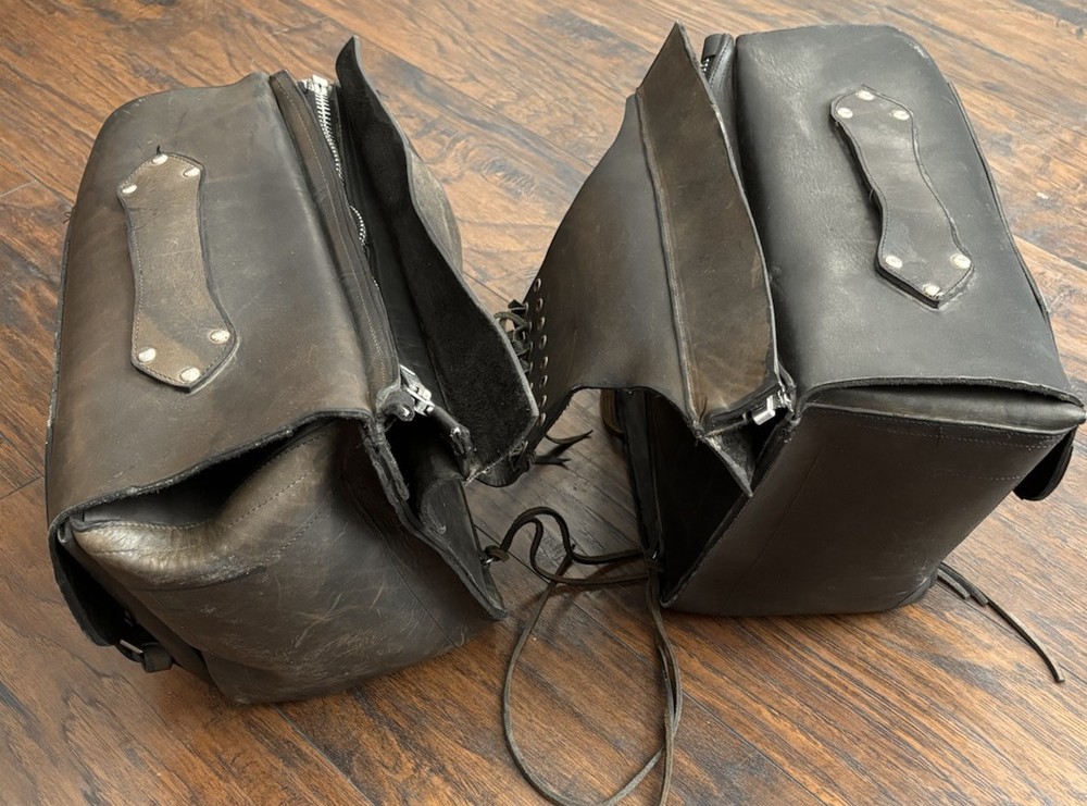 Vintage Leather Motorcycle Saddle Bags Lace Faded Black Heavy Detachable Zippers