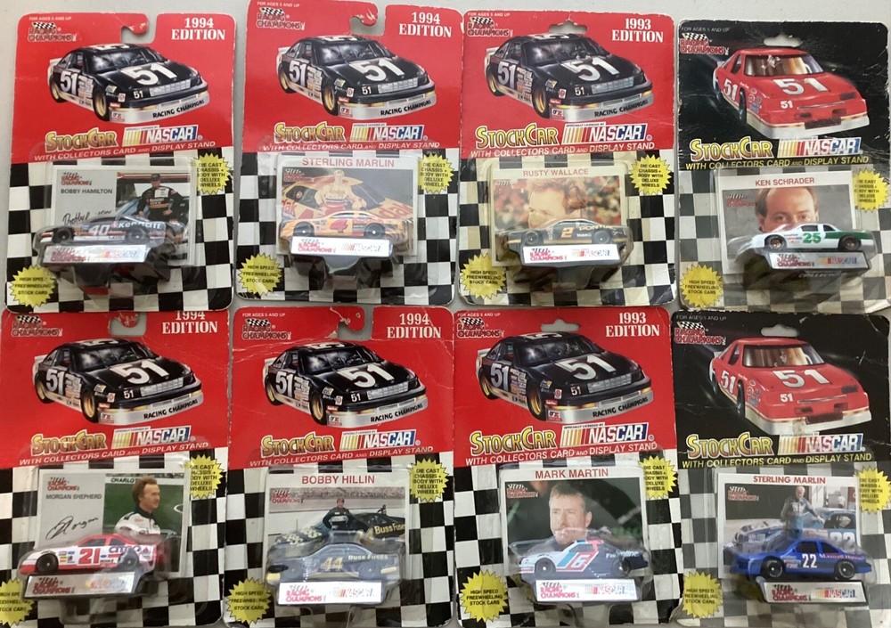 1993-1994 NASCAR Racing Champions 8 Stock Cars with Cards & Display Stands