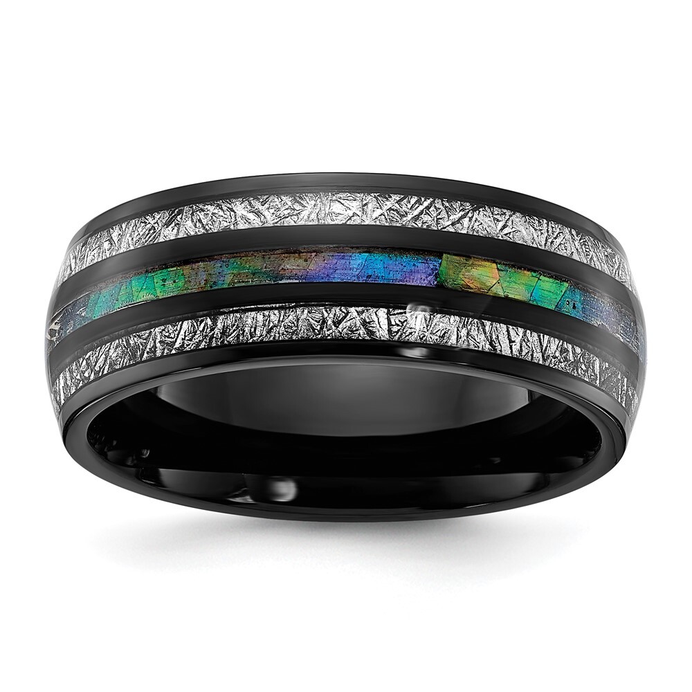 Titanium  Black IP-plated with Abalone and Meteorite Inlay 8mm Band Ring Size 10