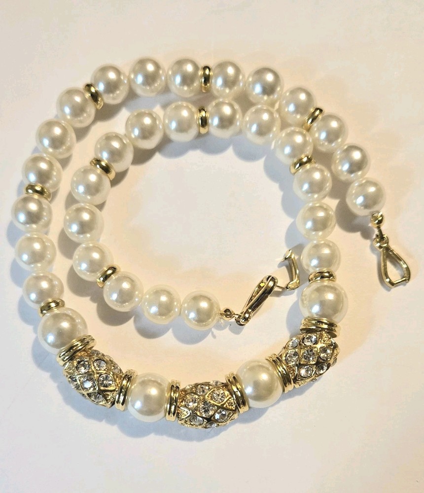 White Faux Pearl Clear Stones Gold Tone Choker Necklace Vintage Wedding Jewelry