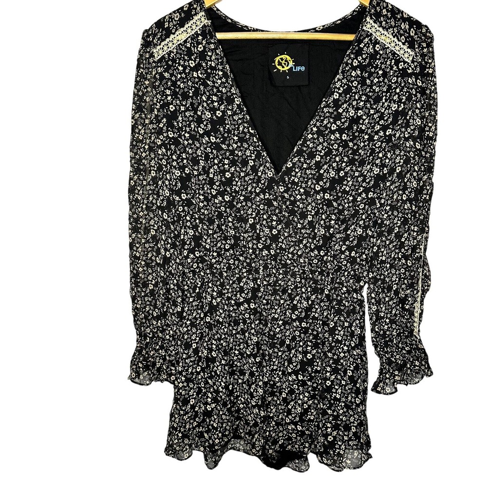 Blue Life Black Tan Floral Lace Trim Long Sleeve Shorts Boho Romper Women Small
