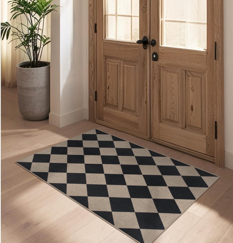 Black Checkered Jute Entryway Rug 2.6x4 Indoor Outdoor Doormat