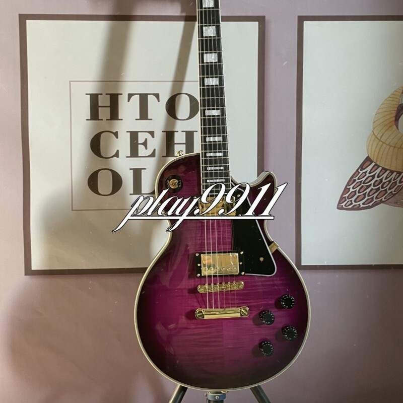 Purple LP Electric Guitar Flamed Maple Top Veneer Gold Hardware Black Pick Guard