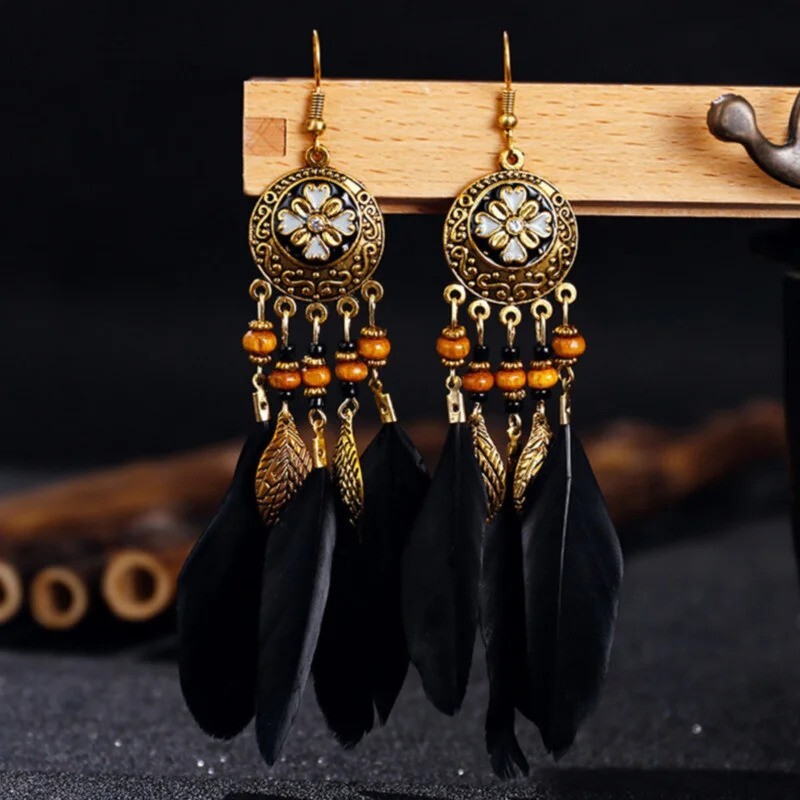 Bohemian Tassel Drop Feather Dangle Earrings Vintage Women’s Jewelry