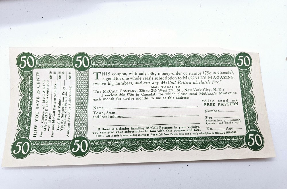 McCalls Fashion Magazine Advertising Coupon Early 1900s Yellow and Green-image