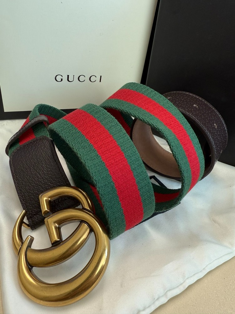 Gucci GG Marmont Green, Red WEB Leather Brown Belt 110 cm, fits 38-40 Waist
