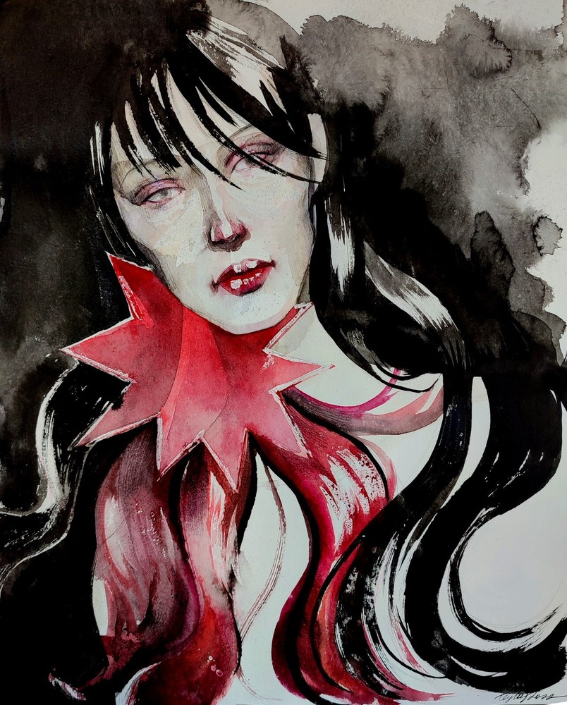 Original watercolor painting Brunette Woman Portrait Black & Red Wall Art