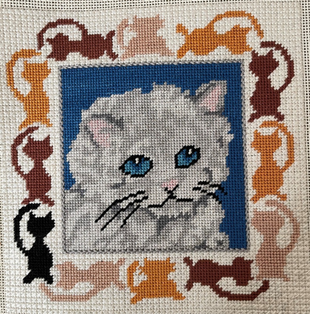 Completed Gray Cat Kitten Needlepoint Blue Eyes 8