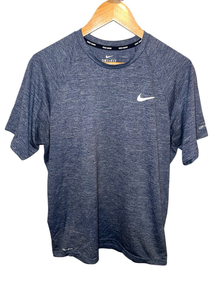 Nike Swim Dri Fit UPF40 T shirt Mens Large Marl Blue Swoosh Casual Short Sleeve