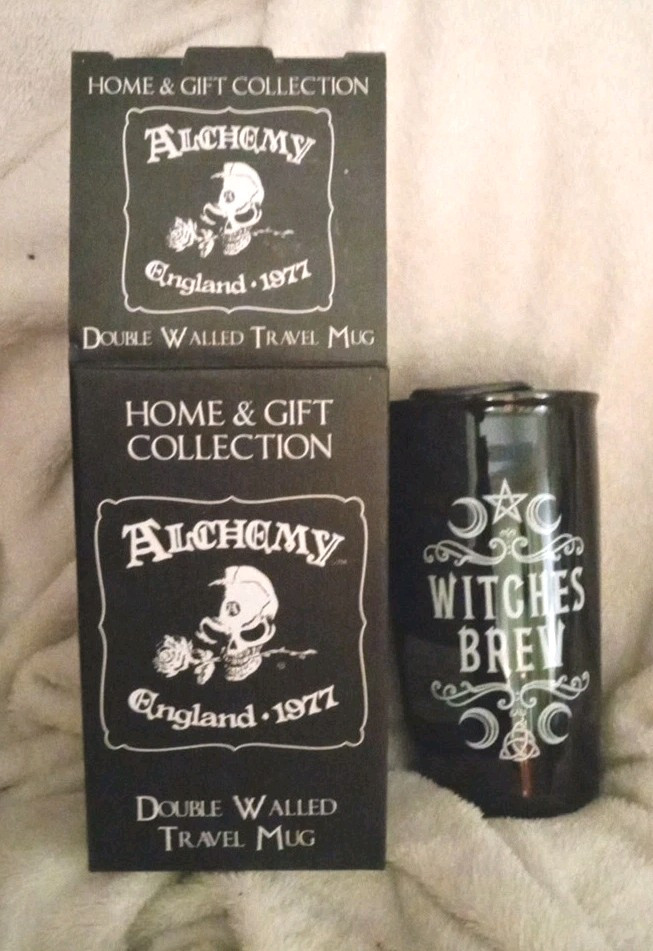 Alchemy Gothic Ceramic Travel Coffee Mug with Witches Purrfect Brew Goth Cat Design  
