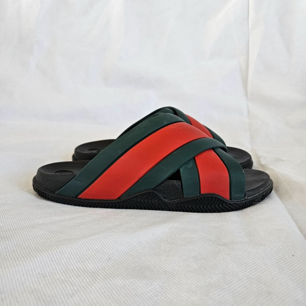 Gucci rubber black, green red criss cross flat sandals, 6