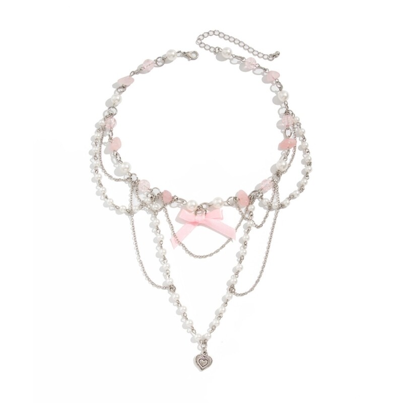 Elegant Bowknot Heart Pendant Necklace with Faux Pearls Jewelry for Trendy Women