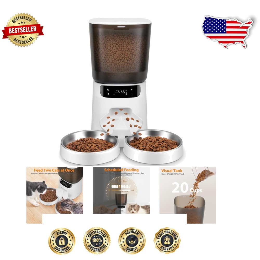 Corded Automatic Cat Feeder for Two Cats - Easy Clean Stainless Bowls Included