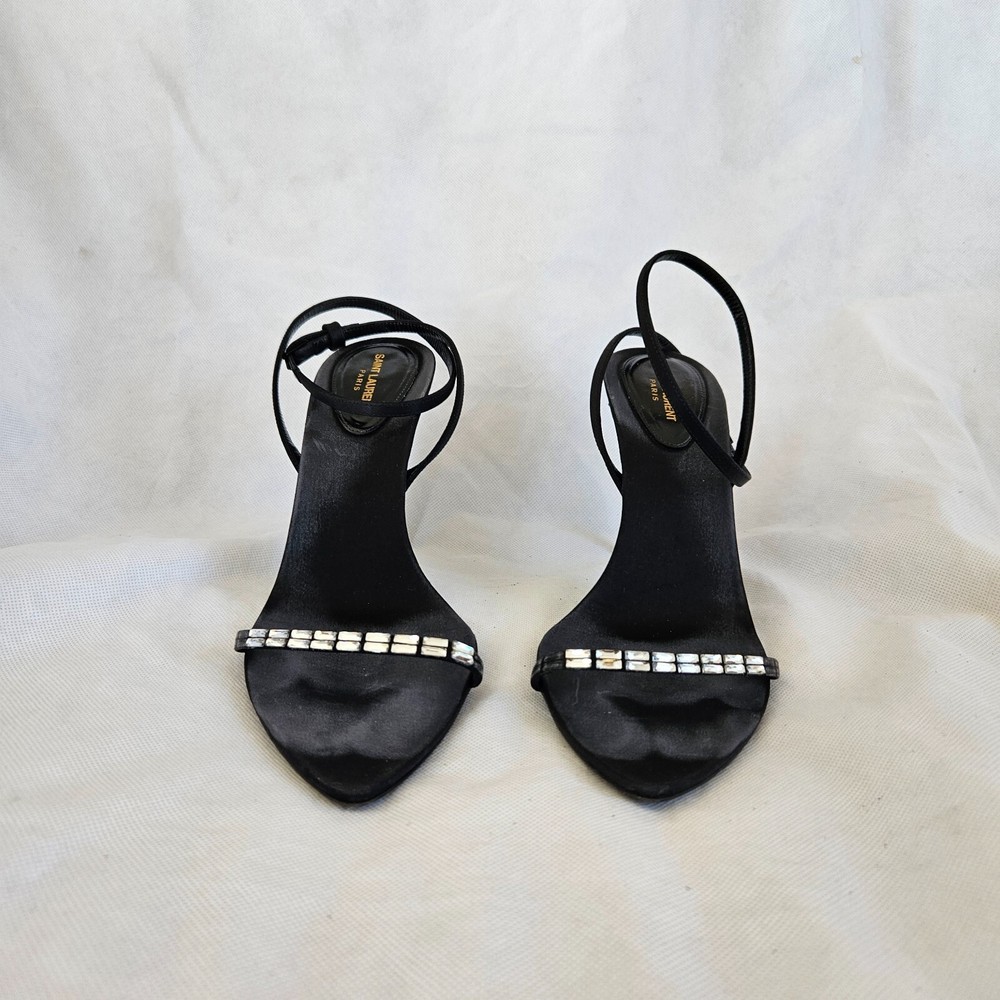Saint Laurent black satin crystal-embellished pointed toe heels