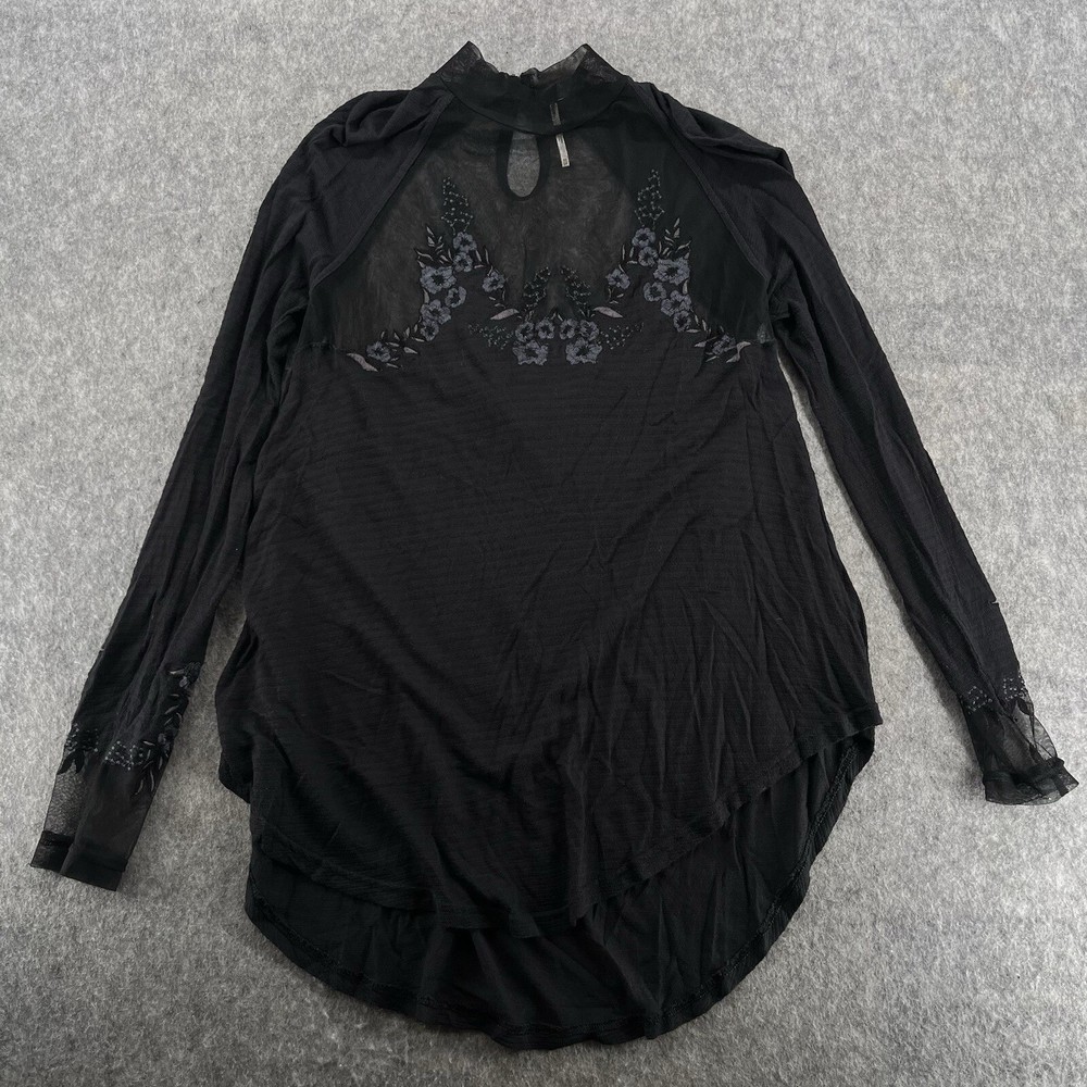Free People Womens Black Blouse Floral Saheli Lace Embroidered Mesh Top Size XS