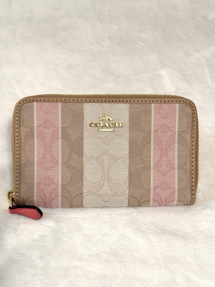 Coach Signature Stripe Jacquard Medium Zip Wallet in Taffy Multi Beige Brown Pink