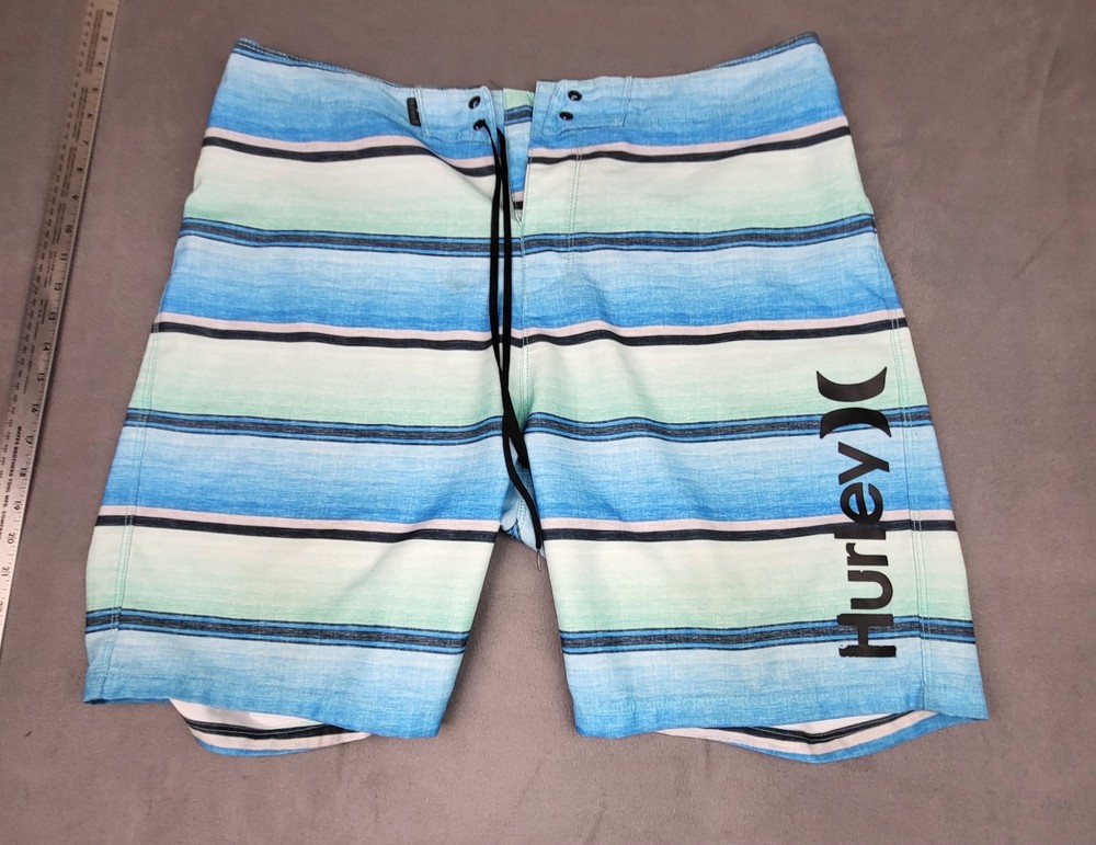 Hurley Phantom Board Shorts Mens 36 Blue White Striped Swim Trunks Surf Beach
