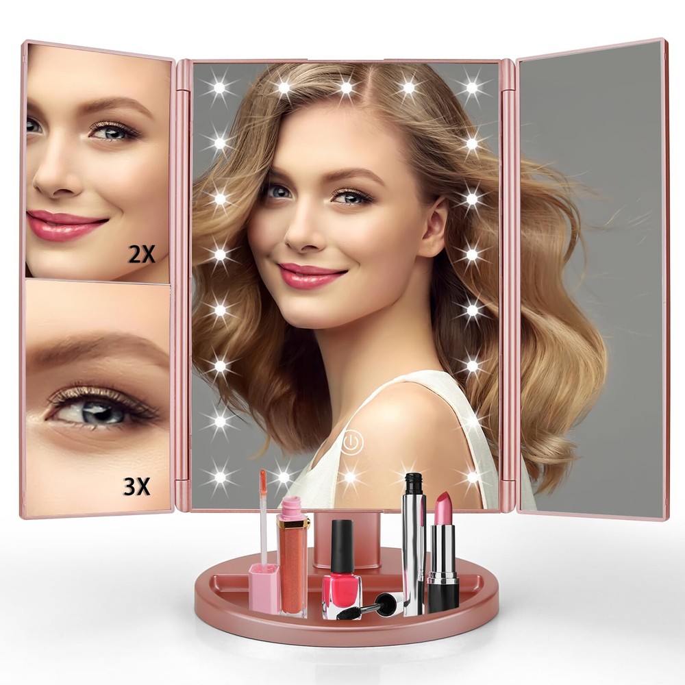 Lighted Makeup Mirror 3X 2X 1X Magnification 21 LED Trifold Vanity Mirror with Touch Control