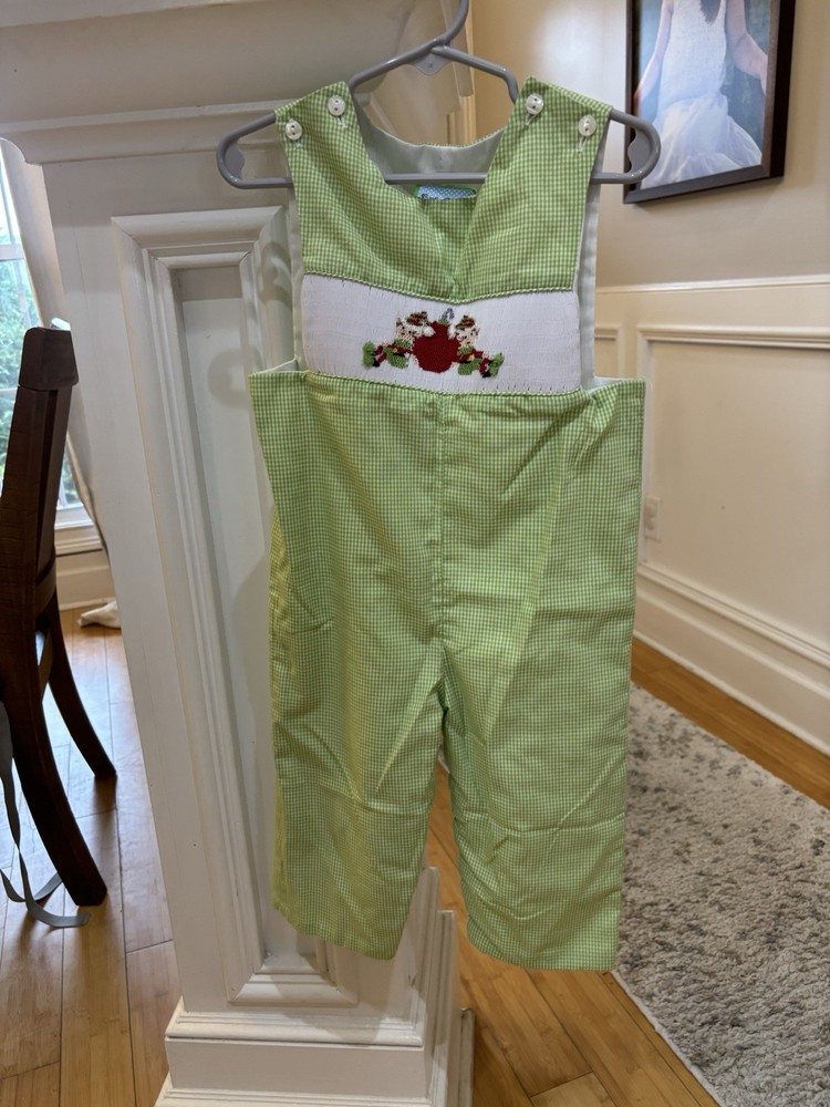 Green And White Checkered Smocked Christmas Romper, Size 24 Months