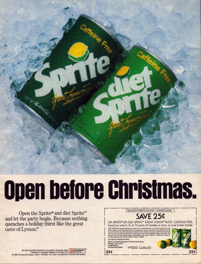 1986 Sprite Print Ad Cans Open Before Christmas Coupon Ice Caffeine Free Diet-image
