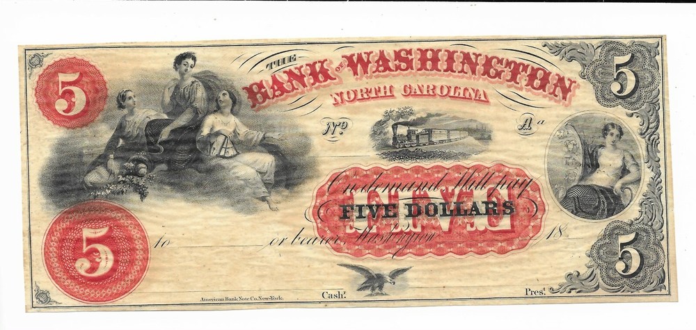 North Carolina $5 18XX Bank of Washington Obsolete Red Overprint GEM Quality