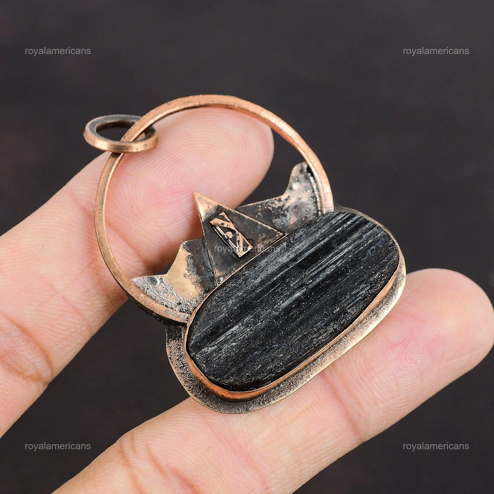 Mothers Day Sale Copper Oval Black Tourmaline Rough Art Deco Pendant-image