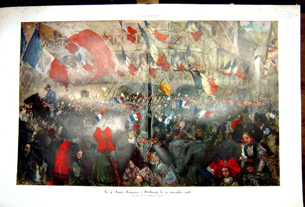 Old Vintage Print French Army Strasburg Gouraud Troops Victory Ww1 1927