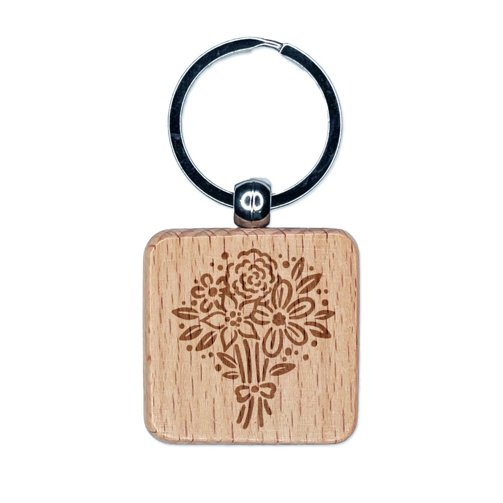 Flower Bouquet Engraved Wood Square Keychain Tag Charm