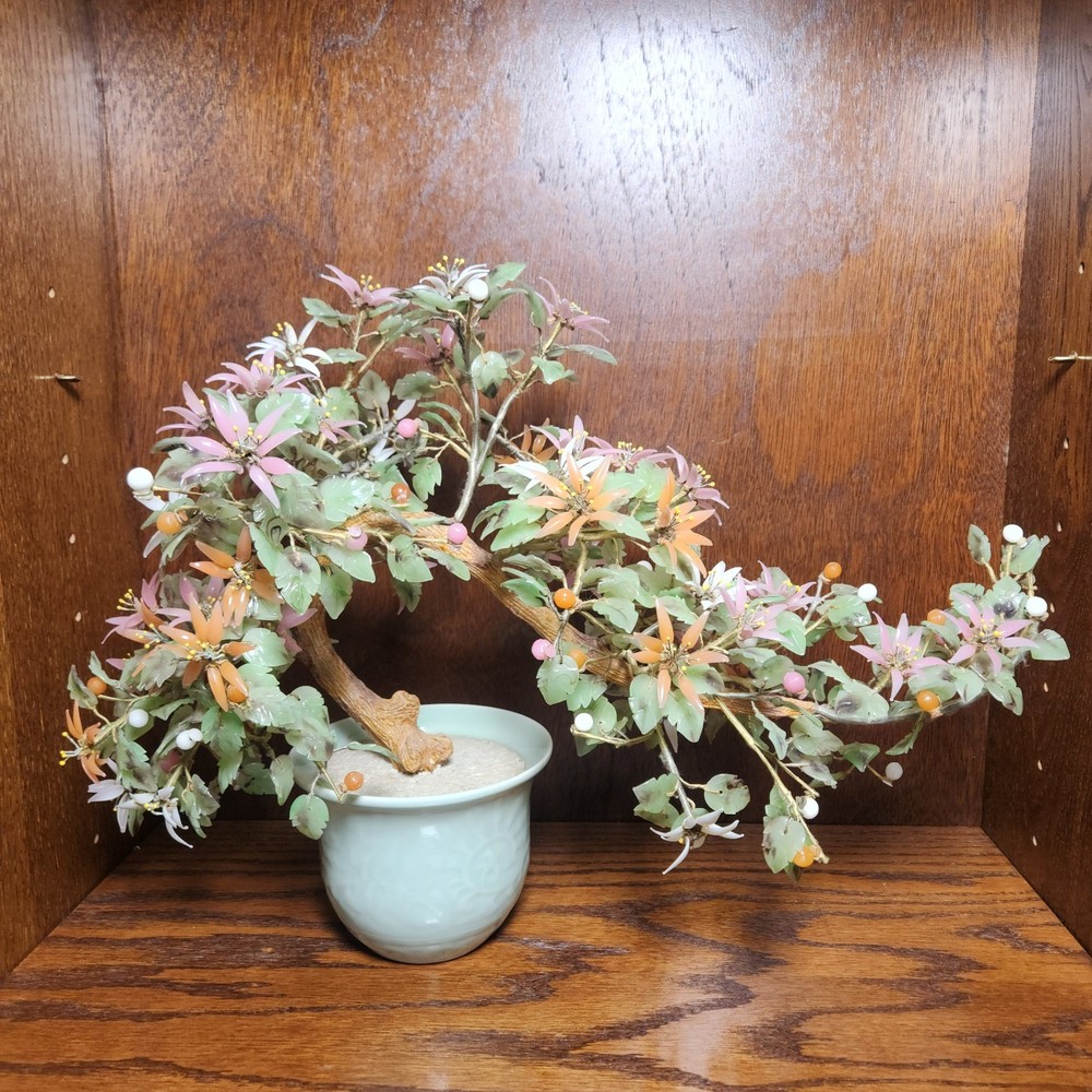 Large Glass Bonsai Tree with Jade Leaves in Celadon Pot 14” Tall