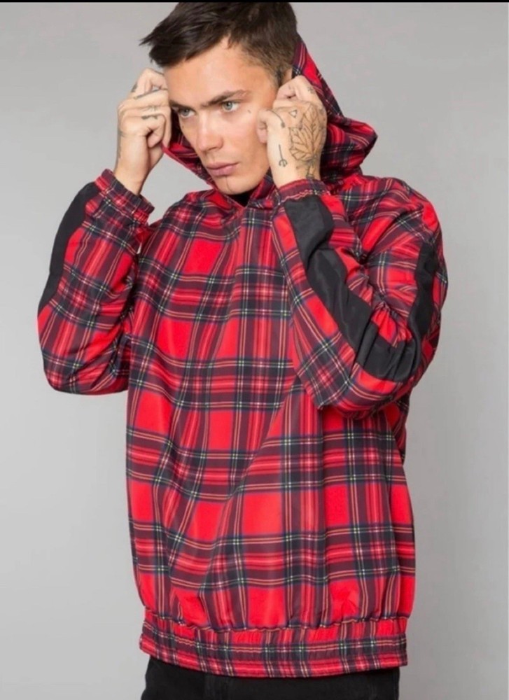 NWOT Elwood red & black TARTAN PLAID pullover track hoodie Men’s Large
