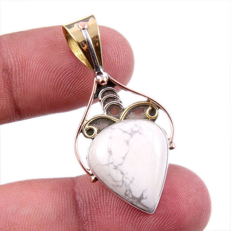 Natural Howlite Gemstone 925 Sterling Silver Two-Tone Pendant 1.5 Inch