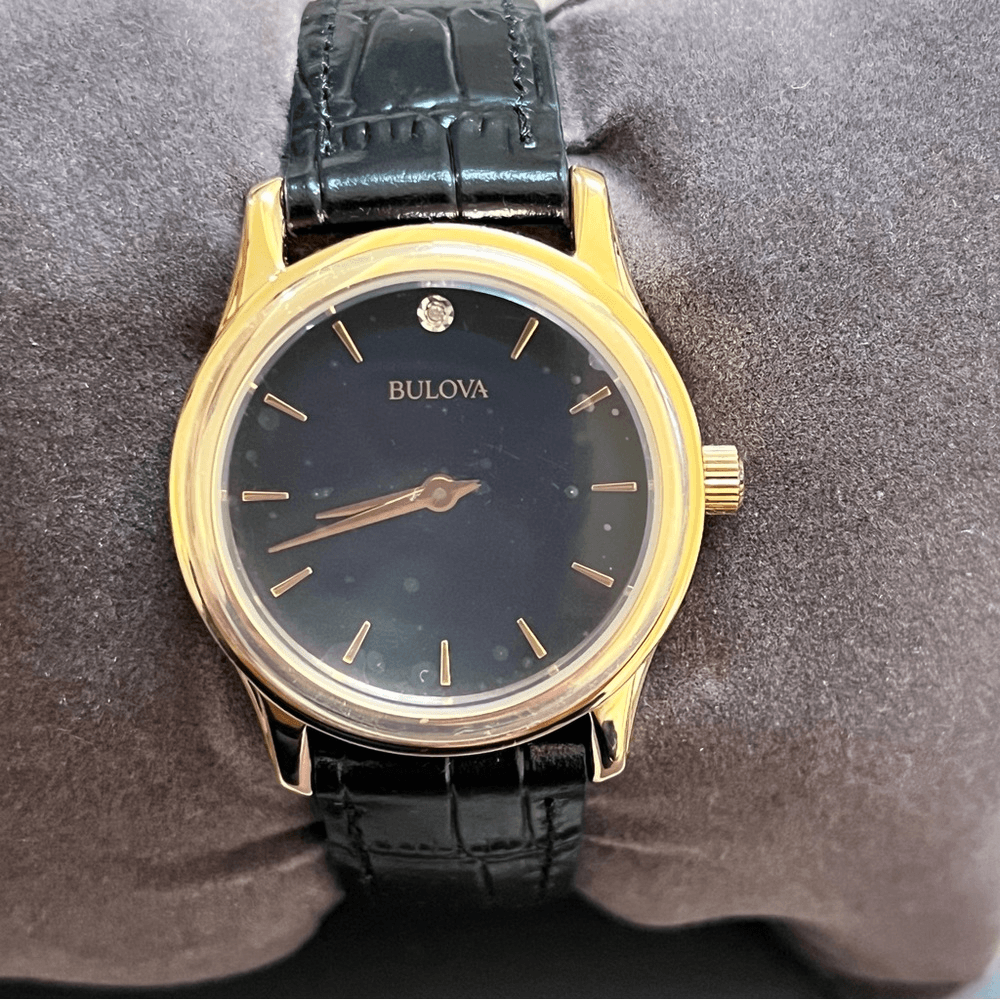 Bulova Womens Diamond Gold Watch 30mm Black Dial Crocodile Strap