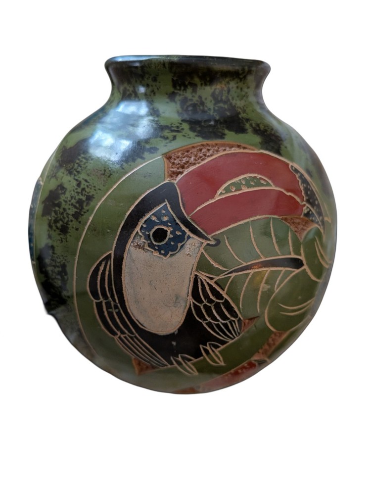 Art Pottery Vase Red Clay hand made Costa Rica TOUCAN 5.5
