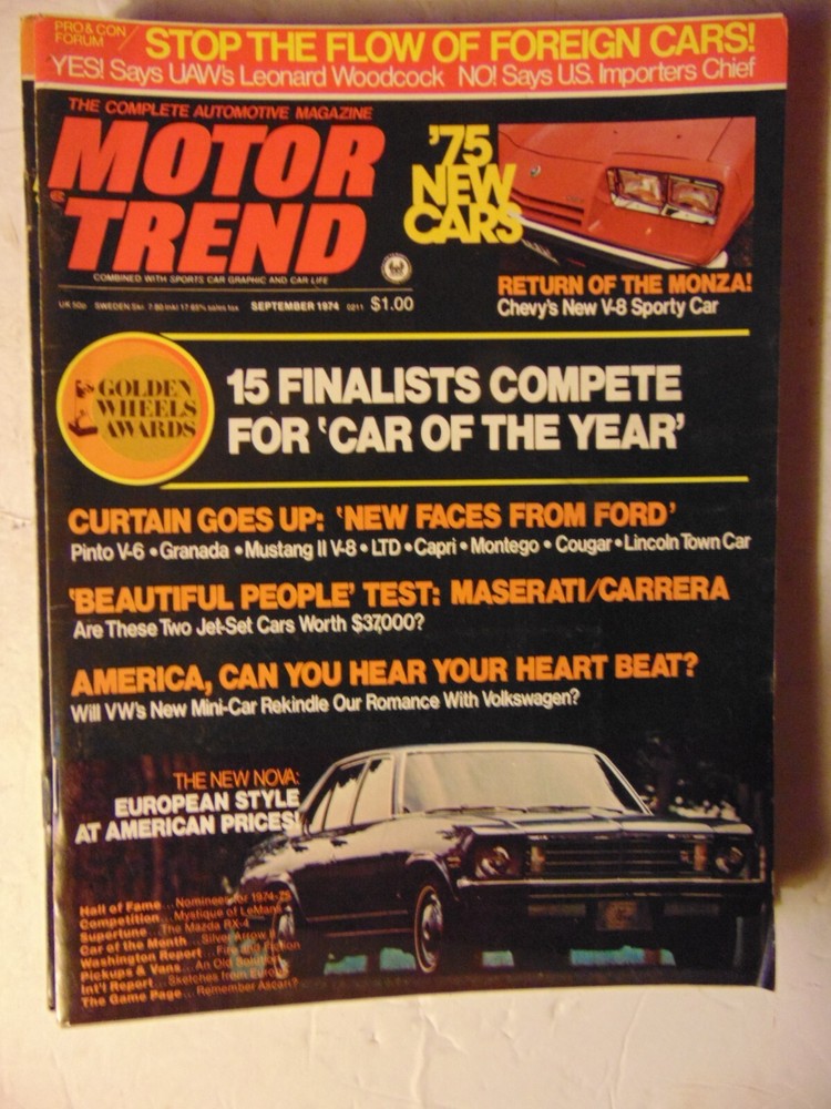 MOTOR TREND MAGAZINE September 1974 V-8 MONZA