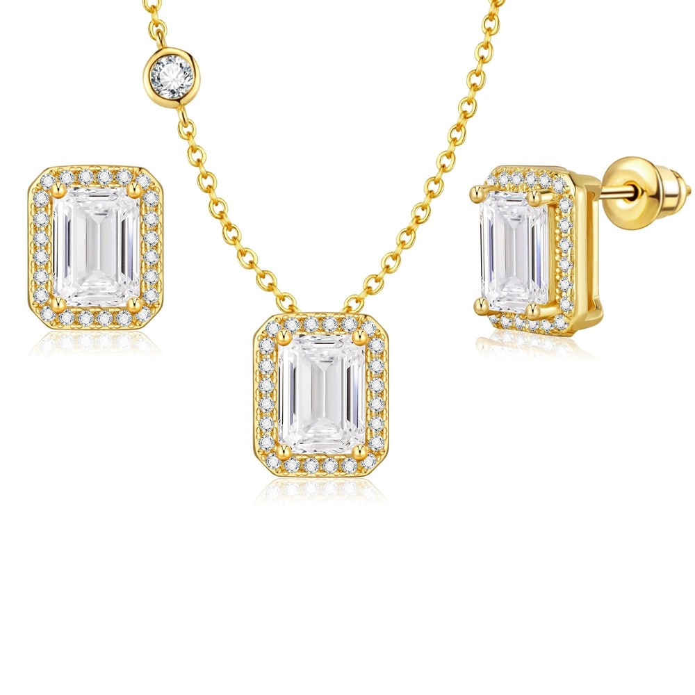 Howoo Sparkly Halo Cubic Zirconia Necklace and Stud Earrings Set for Women