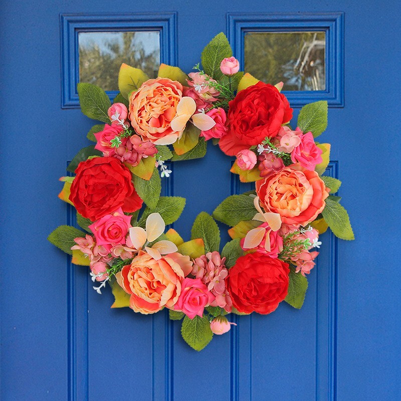 Colorful Artificial Seasonal Wreath for Front Door or Porch with Flowers