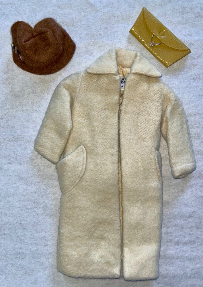 VINTAGE BARBIE PEACHY FLEECY #915 Coat~Feather Hat~Clutch Purse~Brown OT Shoes