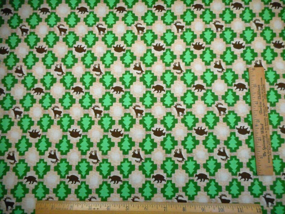Christmas Fabric By Yard Brown Deer Bears Green Tree Wildlife Cotton Vtg BH 7