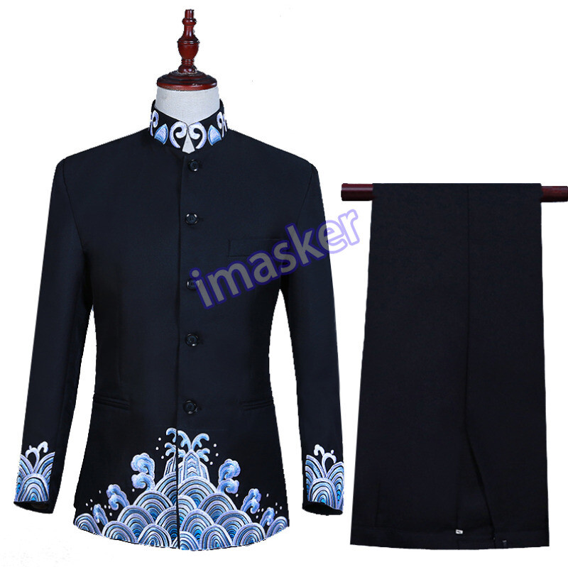 Mens Chinese Groom Wedding Banquet Suit 2 Piece Set Stage Performance Outfit