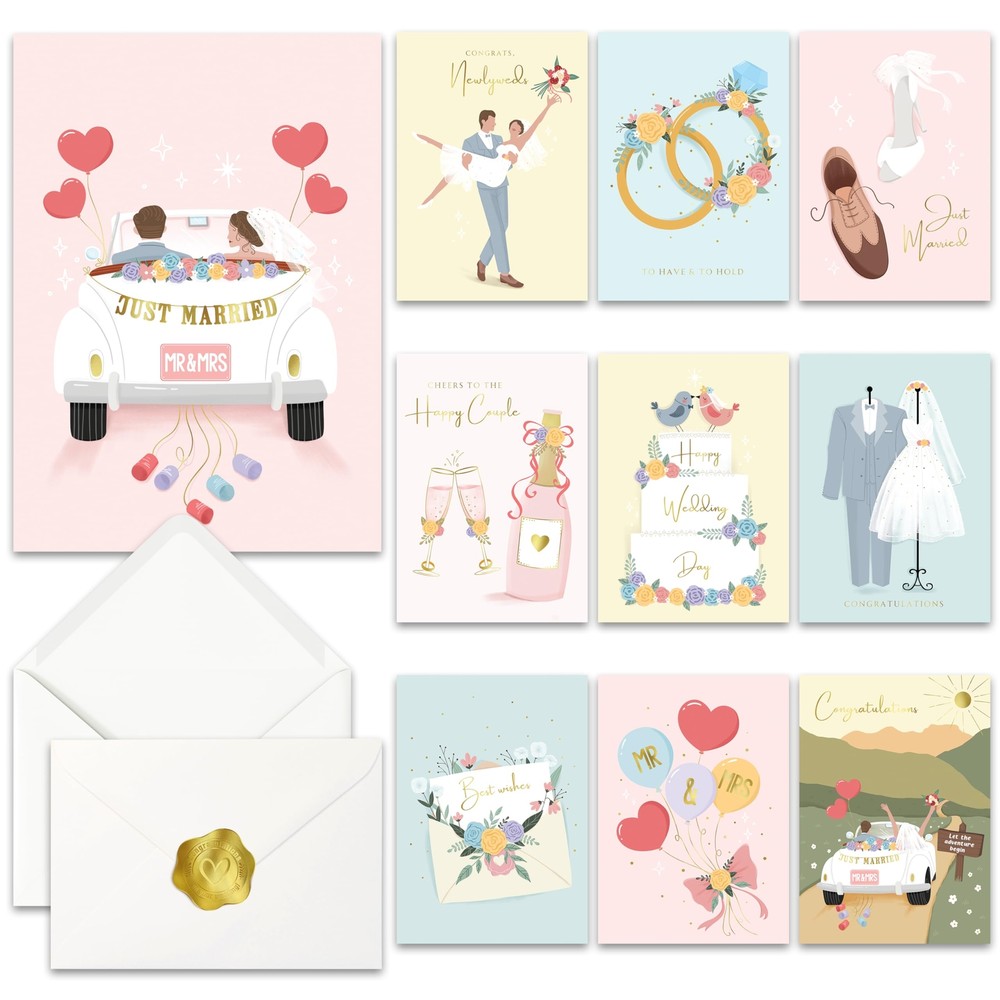 AUDREE 10 Modern Gold Foil Wedding Cards for Bride And Groom with Envelopes (...