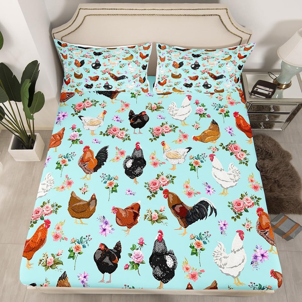 Hen Rooster Print Bed Sheet Set Farmhouse Animals Fitted Sheet for Kids Boys ...