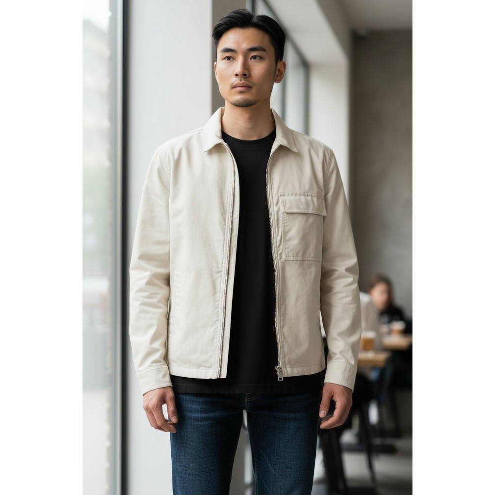 HM Mens Cream Utility Jacket Long Sleeve Full Zip Collar Pocket Casual Size M