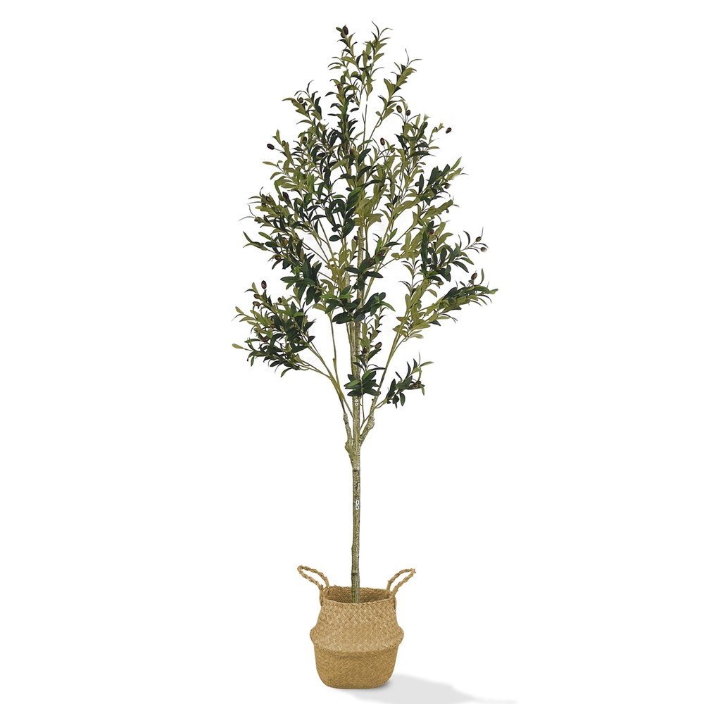 7ft Faux Olive Tree with Free Wicker Planter Pot - Realistic Artificial Olive Plant