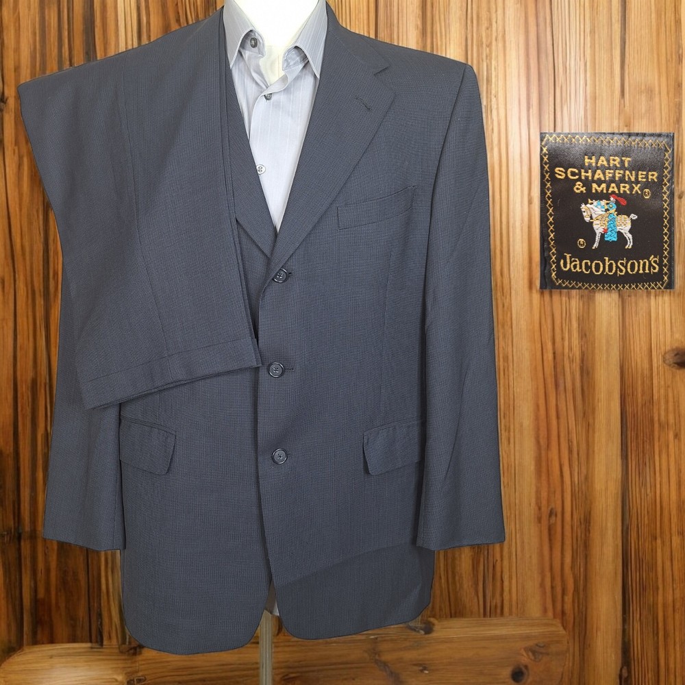 Hart Schaffner Marx 2 Piece Suit Mens 42R 36X30 Navy Wool 3 Button Ventless