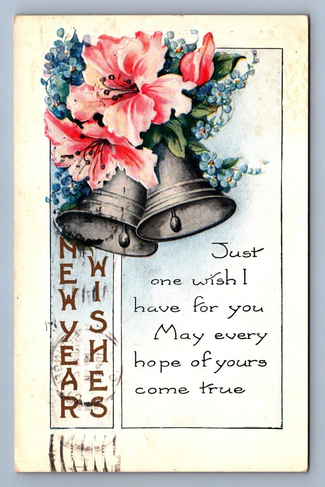Postcard Vtg New Year's Holiday Celebration Silver Bells Flowers One Wish