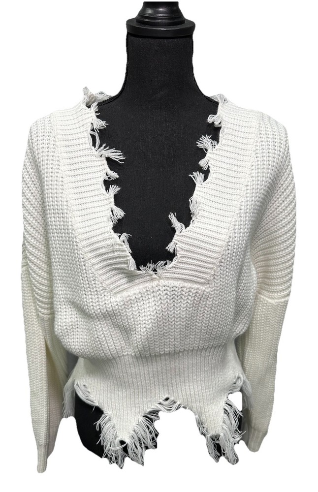 Fashion Nova  Womens Size M White Distressed Cropped V Neck Long Sleeve Sweater