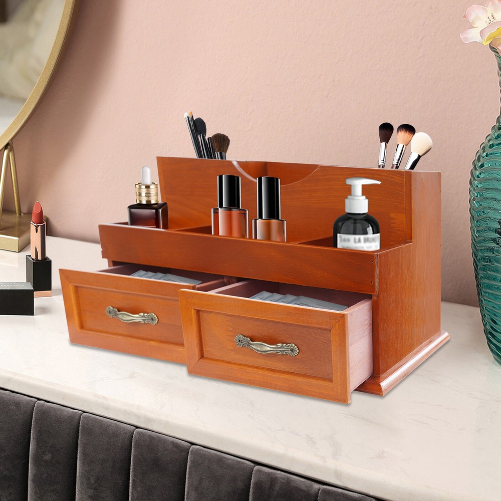Retro Wooden Desktop Organizer with 2 Drawers and 12 Storage Grids