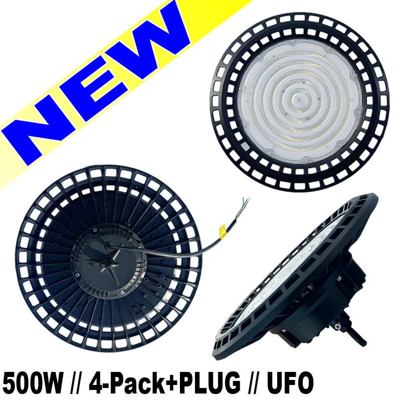 4Pc 500W High Bay LED Light with Plug for Factory Warehouse Commercial Use