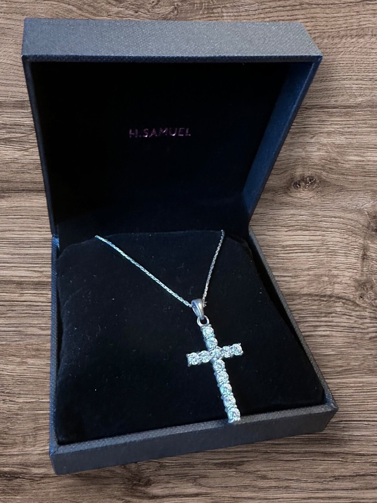 Vintage Necklace Sterling Silver 925 & Cubic Zirconia Cross Pendant Jewellery